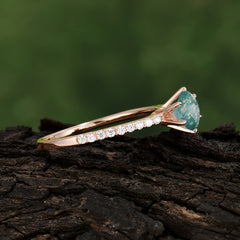 Classic Round Cut Moss Agate Engagement Ring Pave Bridal Ring