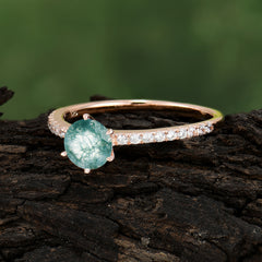 Classic Round Cut Moss Agate Engagement Ring Pave Bridal Ring