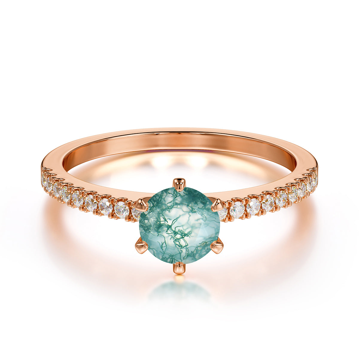 Classic Round Cut Moss Agate Engagement Ring Pave Bridal Ring