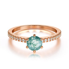 Classic Round Cut Moss Agate Engagement Ring Pave Bridal Ring
