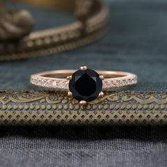 Classic Round Cut Black Onyx Engagement Ring Pave Bridal Ring
