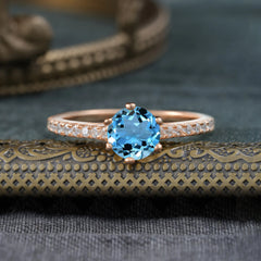 6-Prong Classic Round Cut Aquamarine Engagement Ring Pave Bridal Ring