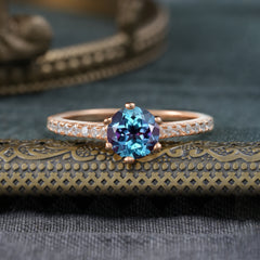 6-Prong Classic Round Cut Alexandrite Engagement Ring Pave Bridal Ring