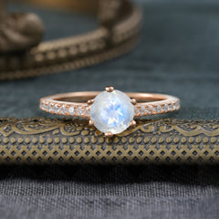 Classic Round Cut Natural Moonstone Engagement Ring Pave Bridal Ring