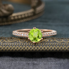 6-Prong Classic Round Cut Peridot Engagement Ring Pave Bridal Ring