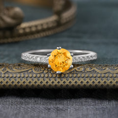 6-Prong Classic Round Cut Citrine Engagement Ring Pave Bridal Ring