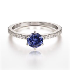 Classic Round Cut Tanzanite Engagement Ring Pave Bridal Ring