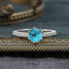 6-Prong Classic Round Cut Turquoise Engagement Ring Pave Bridal Ring