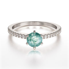 Classic Round Cut Moss Agate Engagement Ring Pave Bridal Ring