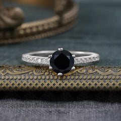 Classic Round Cut Black Onyx Engagement Ring Pave Bridal Ring