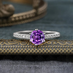 6-Prong Classic Round Cut Amethyst Engagement Ring Pave Bridal Ring