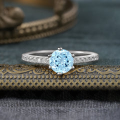 6-Prong Classic Round Cut Aquamarine Engagement Ring Pave Bridal Ring