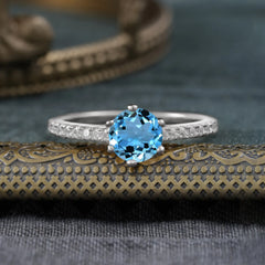 6-Prong Classic Round Cut Aquamarine Engagement Ring Pave Bridal Ring