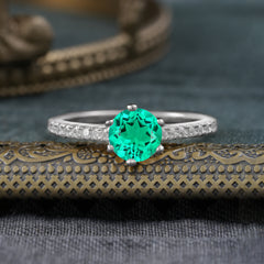 6-Prong Classic Round Cut Emerald Engagement Ring Pave Bridal Ring