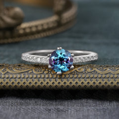 6-Prong Classic Round Cut Alexandrite Engagement Ring Pave Bridal Ring