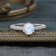 Classic Round Cut Natural Moonstone Engagement Ring Pave Bridal Ring