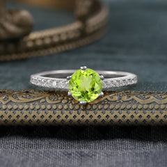 6-Prong Classic Round Cut Peridot Engagement Ring Pave Bridal Ring