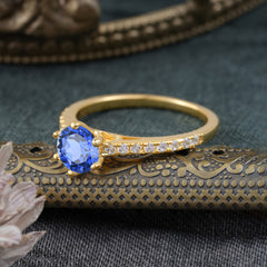 6-Prong Classic Round Cut Sapphire Engagement Ring Pave Bridal Ring