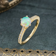 6-Prong Classic Round Cut Opal Engagement Ring Pave Bridal Ring