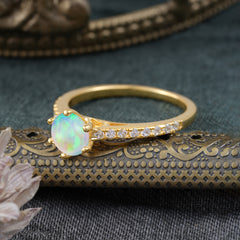 6-Prong Classic Round Cut Opal Engagement Ring Pave Bridal Ring
