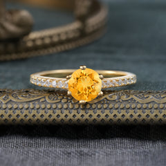 6-Prong Classic Round Cut Citrine Engagement Ring Pave Bridal Ring