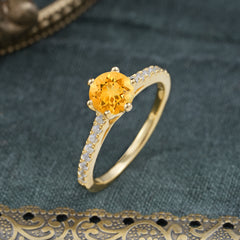 6-Prong Classic Round Cut Citrine Engagement Ring Pave Bridal Ring