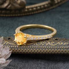 6-Prong Classic Round Cut Citrine Engagement Ring Pave Bridal Ring