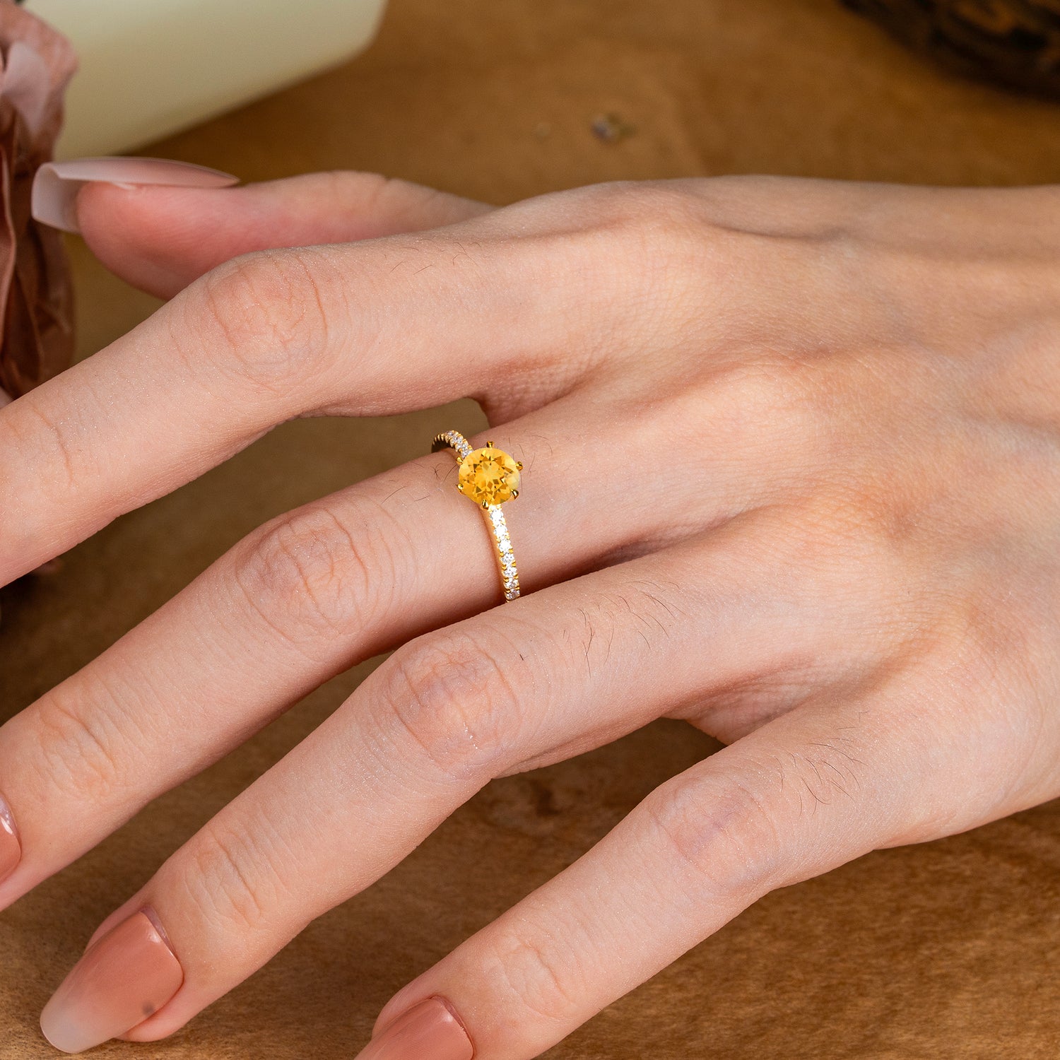 6-Prong Classic Round Cut Citrine Engagement Ring Pave Bridal Ring