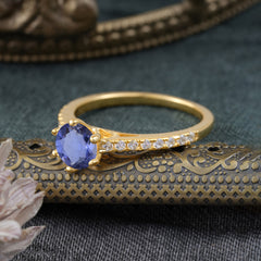 Classic Round Cut Tanzanite Engagement Ring Pave Bridal Ring