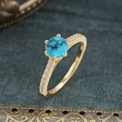 6-Prong Classic Round Cut Turquoise Engagement Ring Pave Bridal Ring