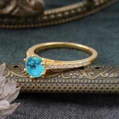 6-Prong Classic Round Cut Turquoise Engagement Ring Pave Bridal Ring