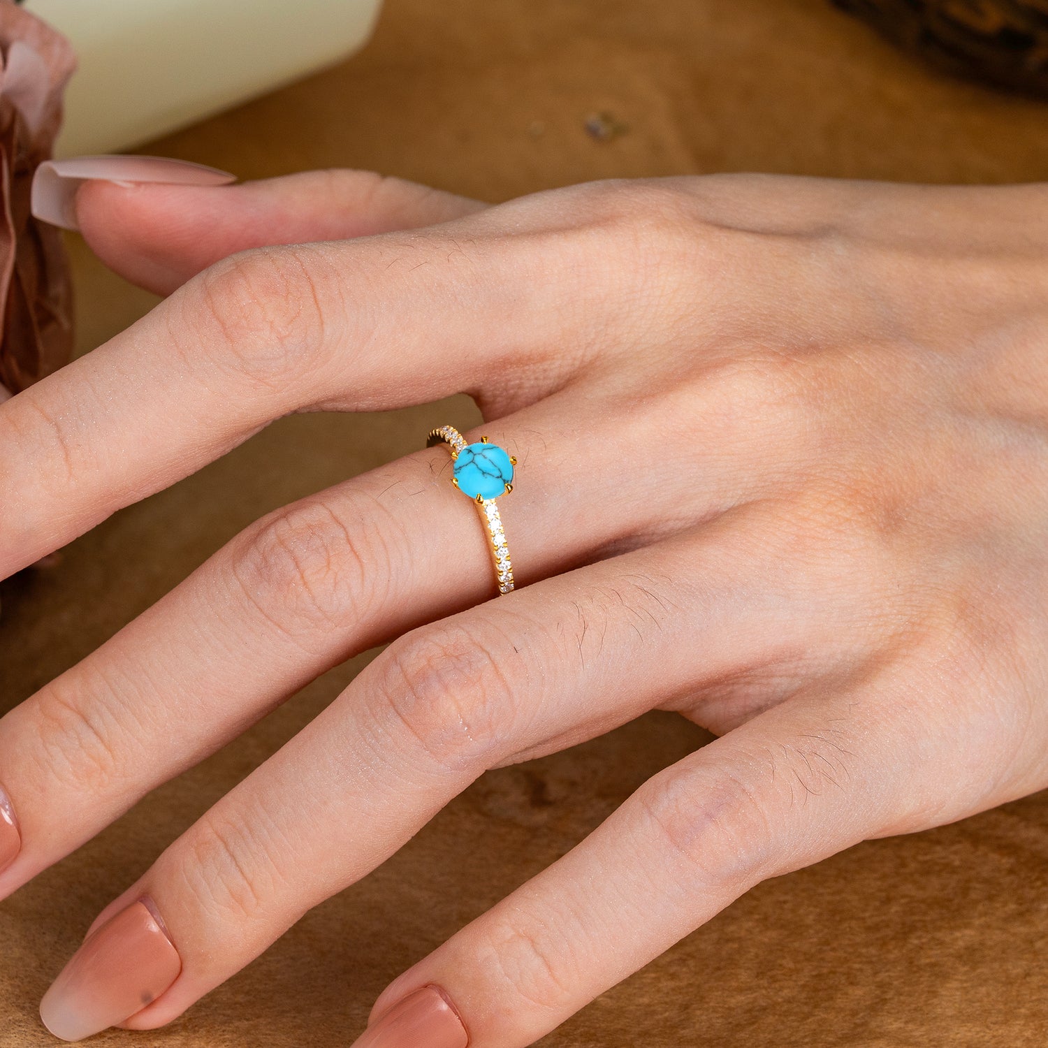6-Prong Classic Round Cut Turquoise Engagement Ring Pave Bridal Ring