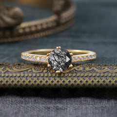 Classic Round Cut Black Rutilated Quartz Engagement Ring Pave Bridal Ring