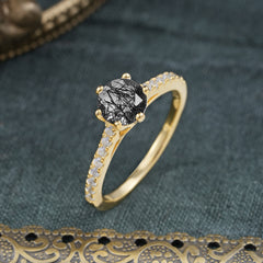 Classic Round Cut Black Rutilated Quartz Engagement Ring Pave Bridal Ring