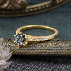 Classic Round Cut Black Rutilated Quartz Engagement Ring Pave Bridal Ring