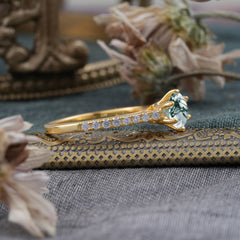Classic Round Cut Moss Agate Engagement Ring Pave Bridal Ring
