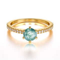 Classic Round Cut Moss Agate Engagement Ring Pave Bridal Ring