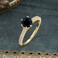 Classic Round Cut Black Onyx Engagement Ring Pave Bridal Ring