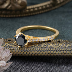 Classic Round Cut Black Onyx Engagement Ring Pave Bridal Ring