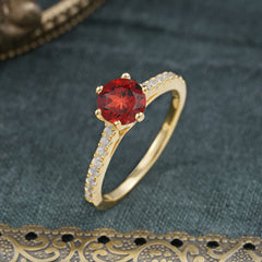 6-Prong Classic Round Cut Garnet Engagement Ring Pave Bridal Ring