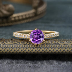 6-Prong Classic Round Cut Amethyst Engagement Ring Pave Bridal Ring