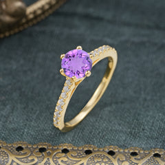 6-Prong Classic Round Cut Amethyst Engagement Ring Pave Bridal Ring