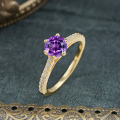 6-Prong Classic Round Cut Amethyst Engagement Ring Pave Bridal Ring