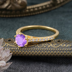 6-Prong Classic Round Cut Amethyst Engagement Ring Pave Bridal Ring
