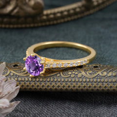 6-Prong Classic Round Cut Amethyst Engagement Ring Pave Bridal Ring