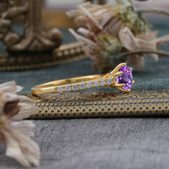 6-Prong Classic Round Cut Amethyst Engagement Ring Pave Bridal Ring