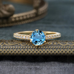 6-Prong Classic Round Cut Aquamarine Engagement Ring Pave Bridal Ring