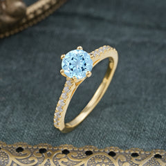 6-Prong Classic Round Cut Aquamarine Engagement Ring Pave Bridal Ring