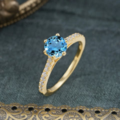 6-Prong Classic Round Cut Aquamarine Engagement Ring Pave Bridal Ring
