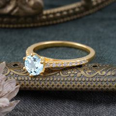 6-Prong Classic Round Cut Aquamarine Engagement Ring Pave Bridal Ring